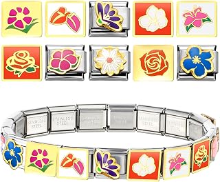 10 Pcs Italian Charm Floral Bracelet Sets 9mm Italian Charms Bracelet Link DIY Modular Stainless Steel Traditional Classic Type Flower for adults to Create Personalized Bracelet Gift