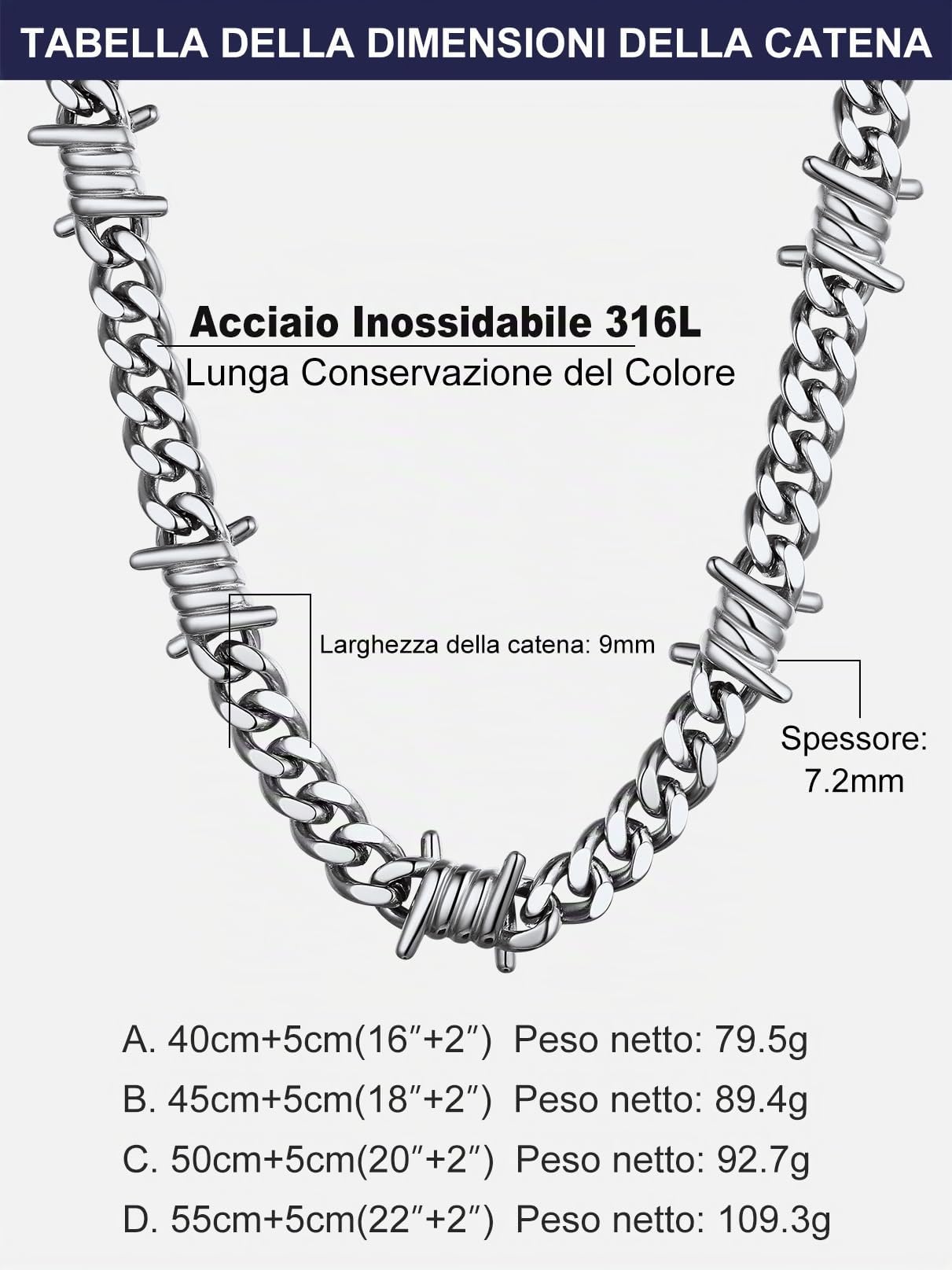Bandmax Collana Uomo Catena Cubana con Spine - Larghezza 5/7/9/12 MM, Lunghezza 40-55 CM, Oro/Nero/Acciaio Inossidabile - Catenina Grossa Stile Hip Hop Punk per Uomini Donne Antiscolorimento