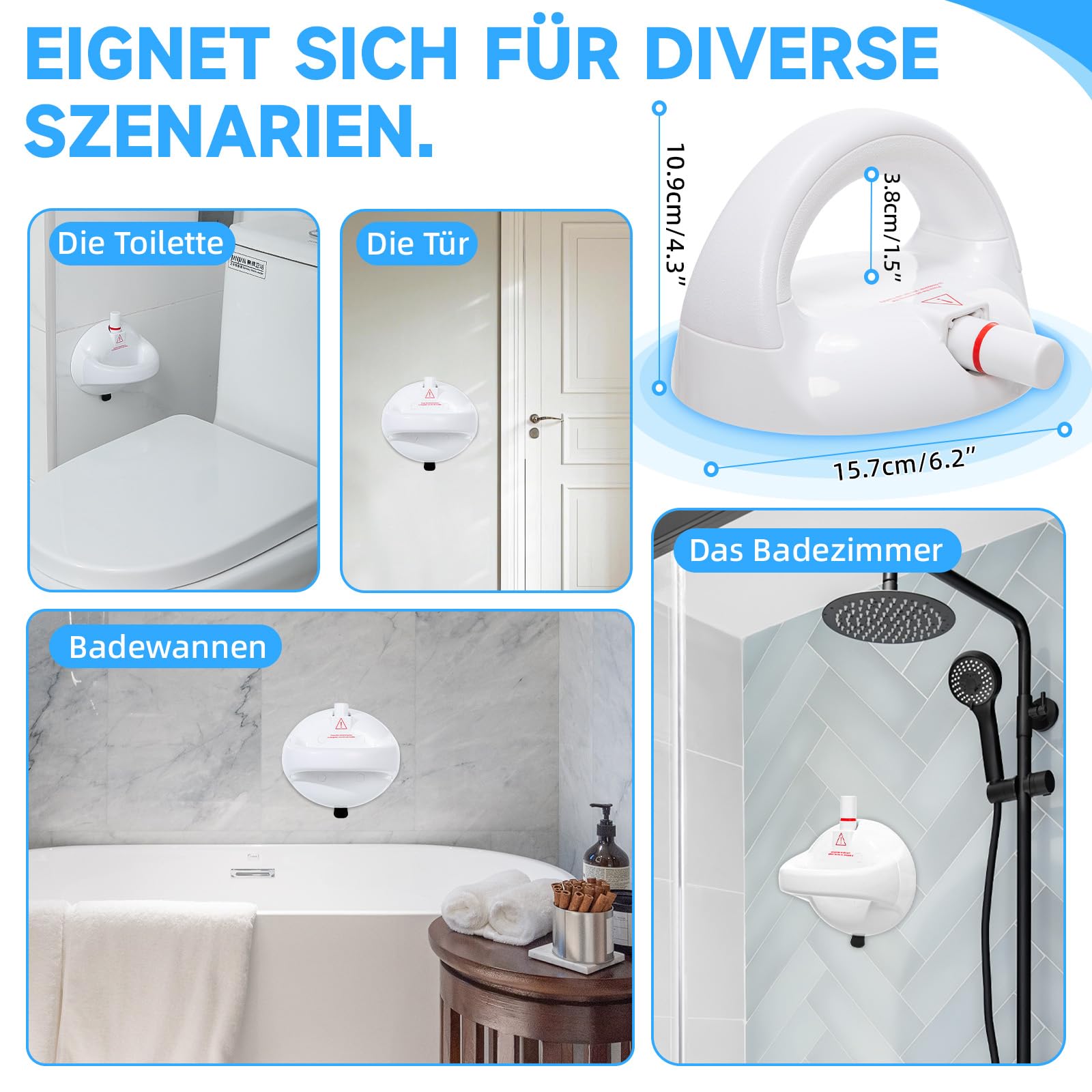 Haltegriff Dusche ohne Bohren 2er Set, Duschgriff mit Saugnapf bis 190 kg, Bad Haltegriff mit Rot/Grün Sicherheitsanzeige, Sauggriff Dusche für Senioren, Badewanne, WC, Weiß