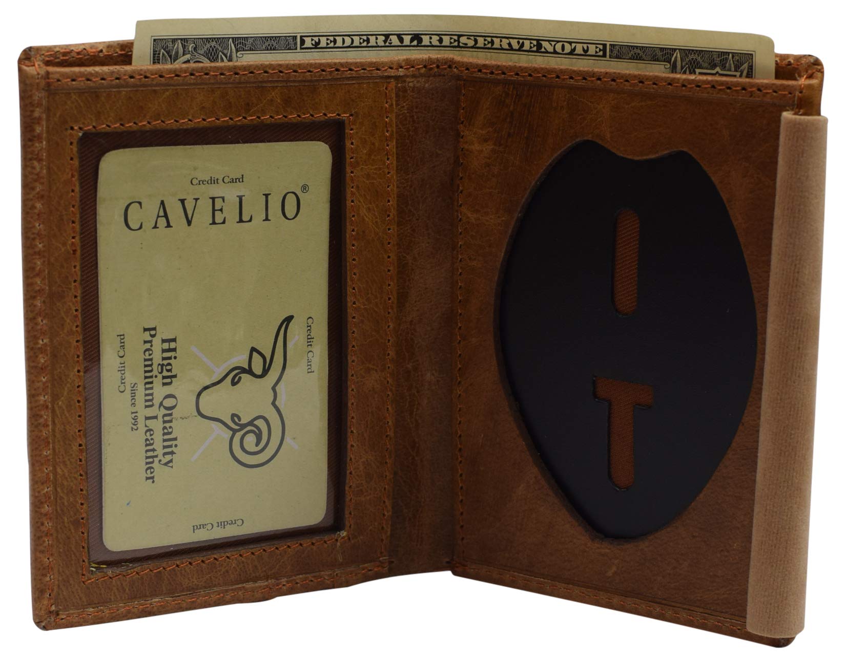 Cavelio USA RFID Leather Slim Thin Bifold ID Money Wallet Oval Shape Badge Holder (Tan)