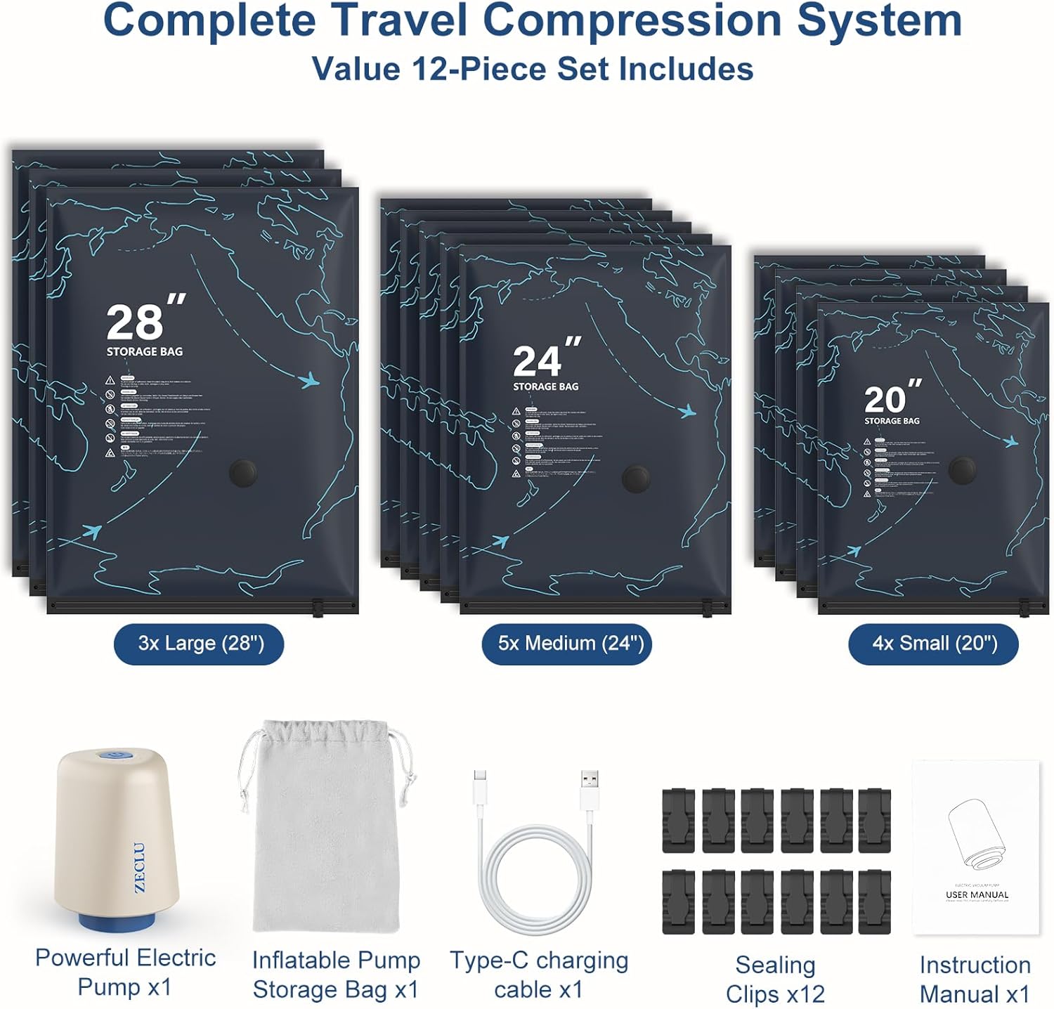 12 Pack Vacuum Seal Bags for Clothing Travel with Electric Air Pump, Packing Cubes Compression for Luggage, Home Storage, Airplane Travel Essentials