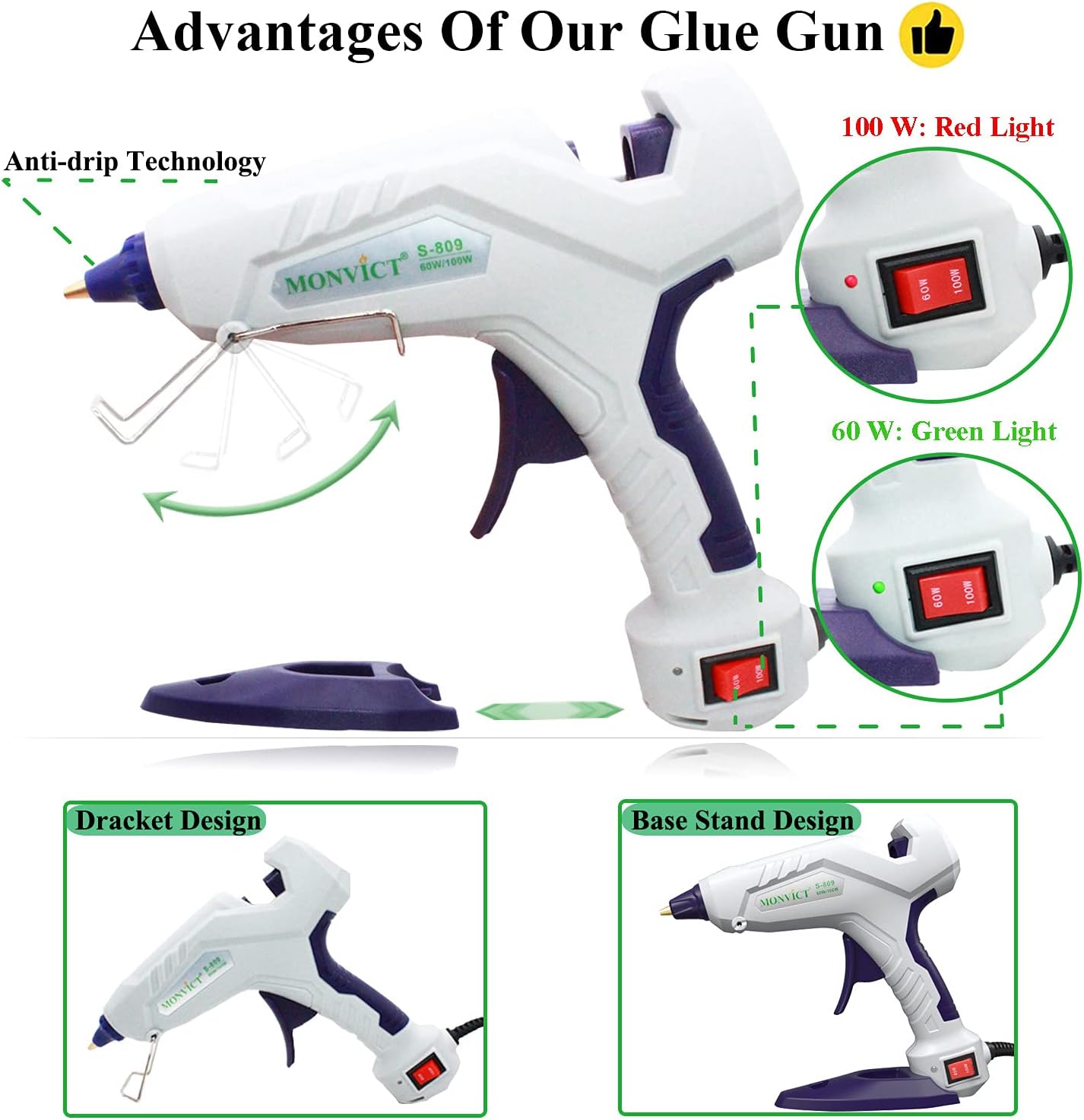 Hot Glue Gun, MONVICT Full Size Glue Gun 60/100W Base Stand Heavy Duty Melt Glue Gun Kit with 15 Pcs Premium Glue Sticks and 3 Finger Protectors, Perfect for Quick Repairs, DIY, Art & Crafts(Patented) : Arts, Crafts & Sewing