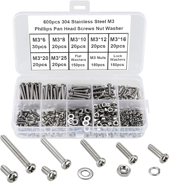 FandWay 600Pcs M3 Screw Assortment Kit 304 Stainless Steel Phillips Pan Head Machine Screws Bolts Nuts Lock Flat Washers with Storage Box