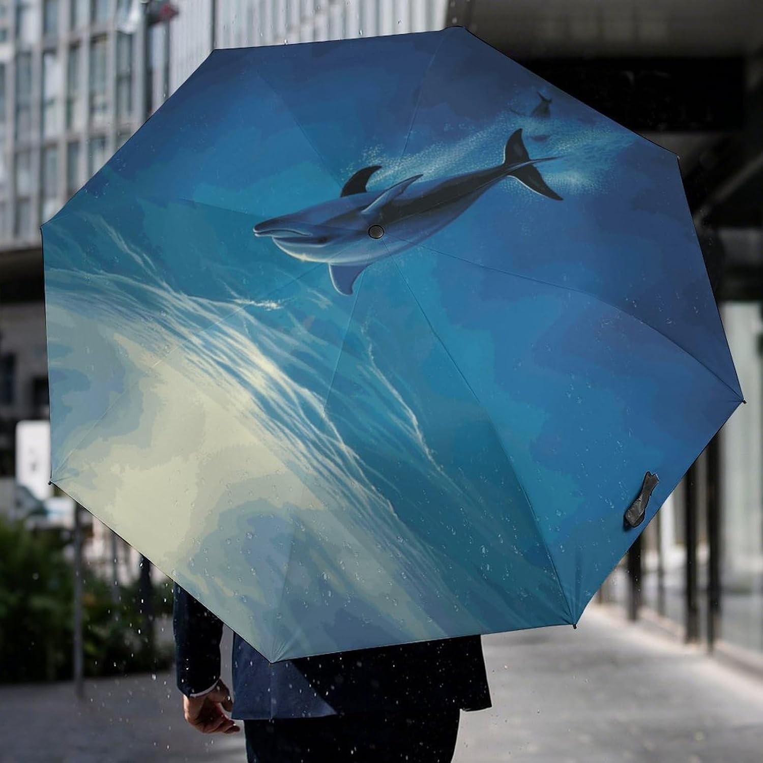 Dolphin in The Ocean Automatic Golf Umbrella Folding Umbrella | Windproof Travel Umbrella Portable Compact Umbrella with Storage Pouch for Golf Backpack Men Women