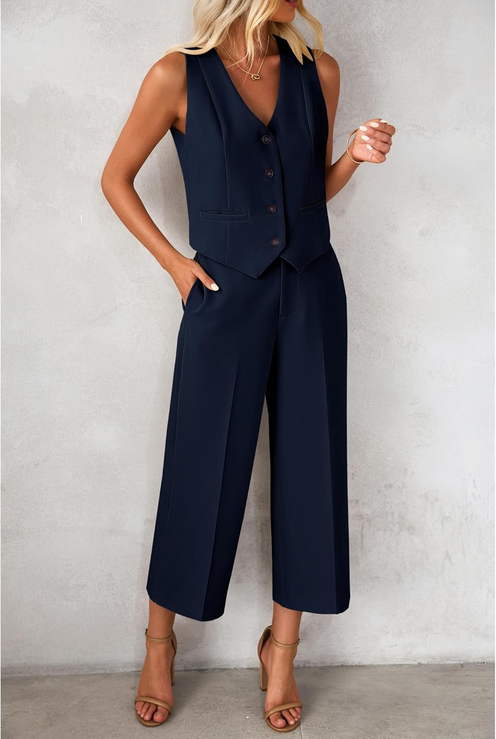 luvamia Pant Suits for Women Dressy Casual 2 Piece Sets Sleeveless Blazer Vest with Wide Leg Capri Pants Work Outfit - Image 8