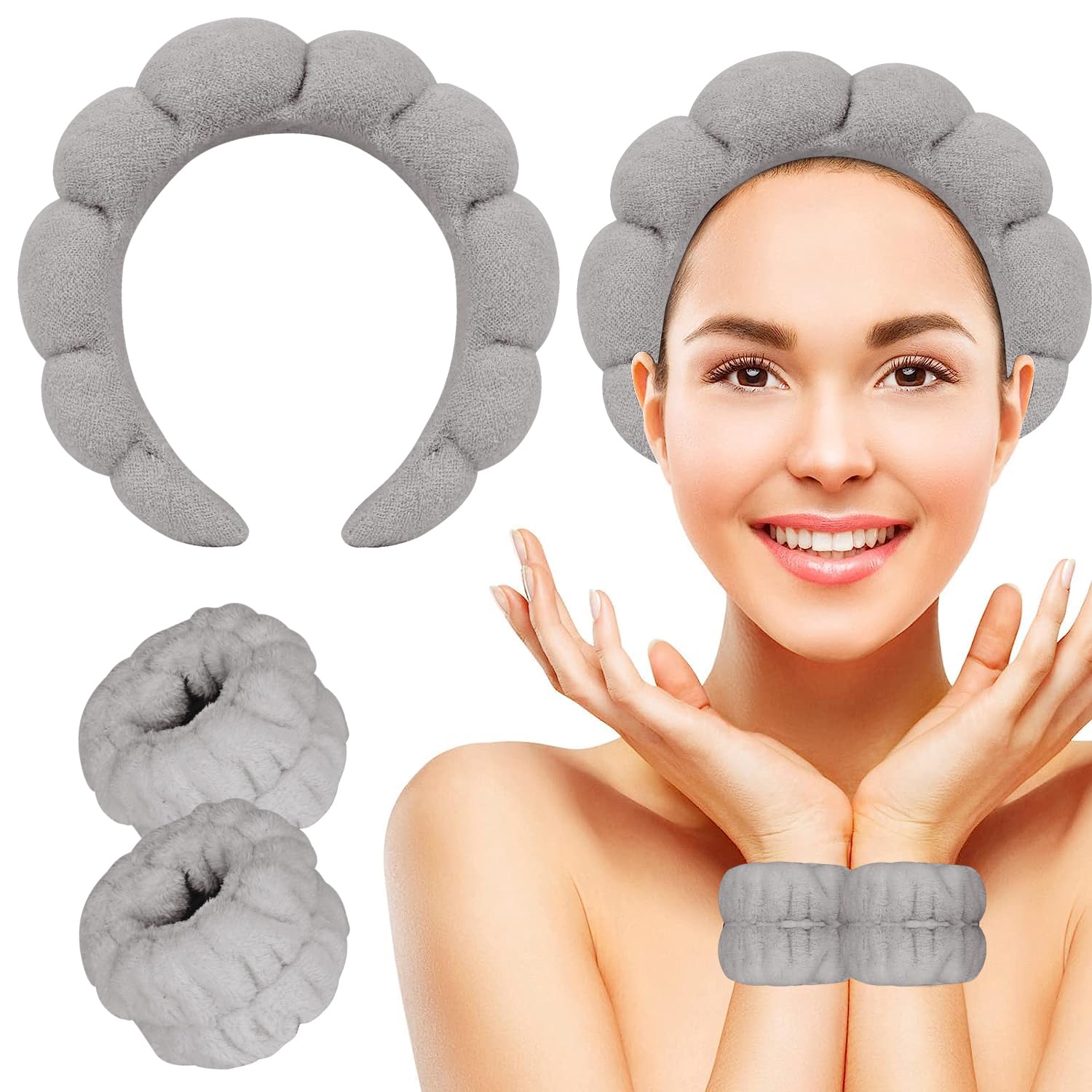 Spa Headband Wash Headband and Wristband Set, Soft Makeup Headband and Sponge Spa Headband for Washing Face, Skincare, Makeup Removal, Hair Accessories (Grey)