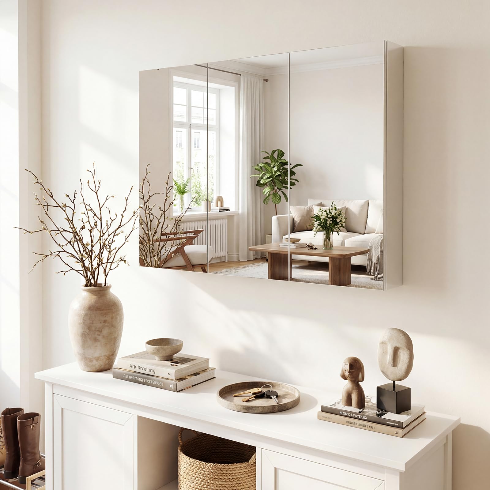 COSTWAY Armario de Espejo de Baño con 3 Puertas, Armario de Pared Baño con 6 Compartimentos, Superficie de Imitación Madera y Marco de Madera, 87 x 65 x 12,5 cm