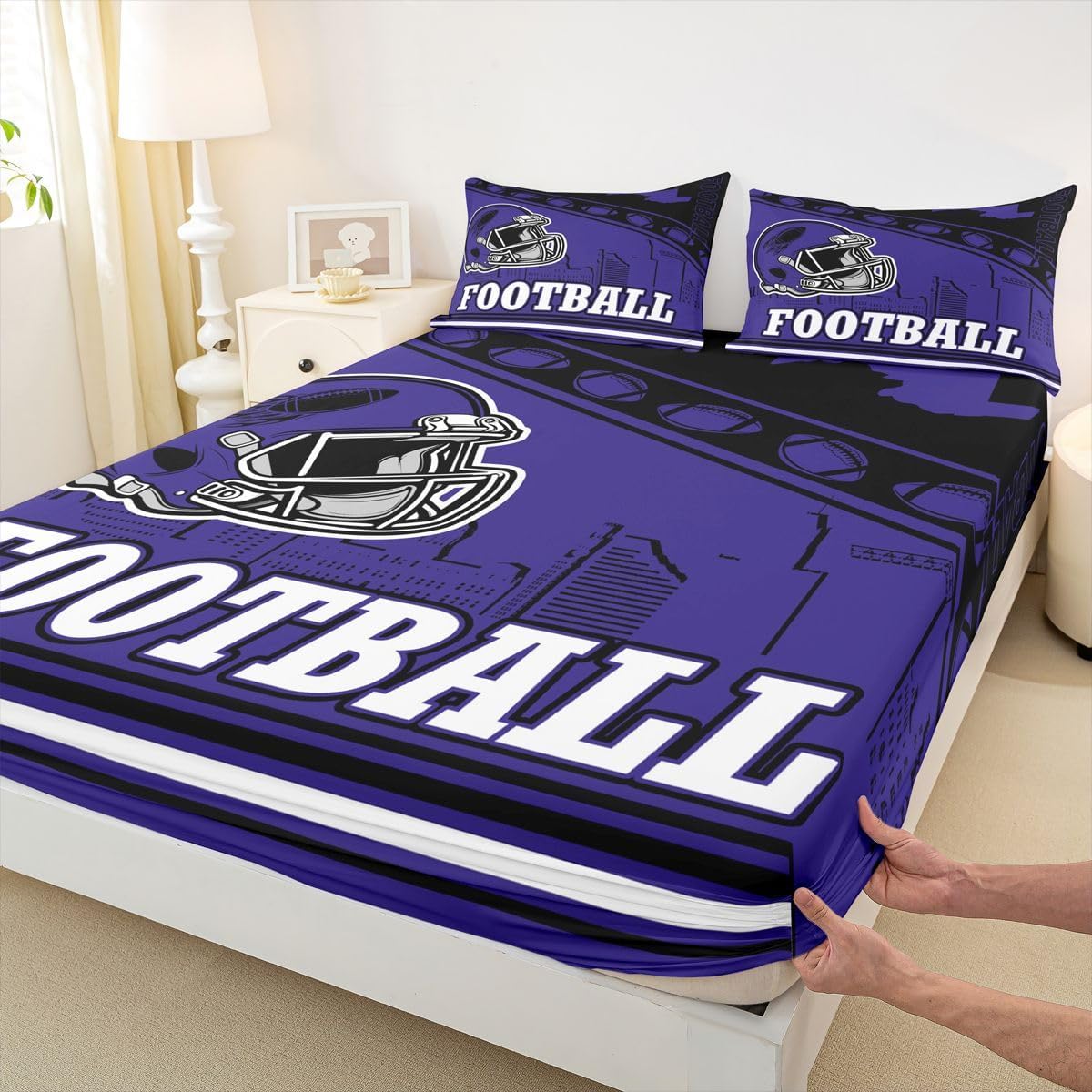 Erosebridal Gridiron Fitted Sheet for Boys & Teens,Sports Ball Game Bed Sheets,Blue Rugby Sports Theme Bed Set Full Size,Birthday Gift for Teen Boys with 2 Pillowcases