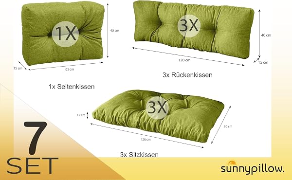 sunnypillow Set of 7 Cushions for Pallet Euro Sofa, Garden, Living Room – Outdoor – Large Bench Cushions – Various Sizes and Colours to Choose From – Floor Mattress (Seat + Back) – Green - 2
