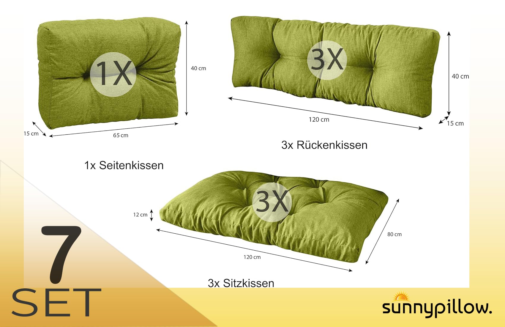 sunnypillow Set of 7 Cushions for Pallet Euro Sofa, Garden, Living Room – Outdoor – Large Bench Cushions – Various Sizes and Colours to Choose From – Floor Mattress (Seat + Back) – Green - 2
