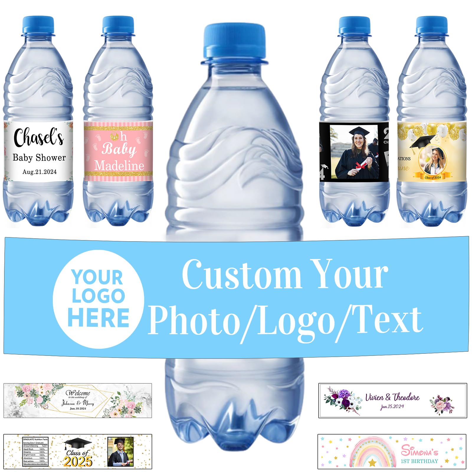 Custom Water Bottle Labels Stickers Bulk Personalized Logo Photo Text Waterproof for Graduation Birthday Party Wedding Shower Business