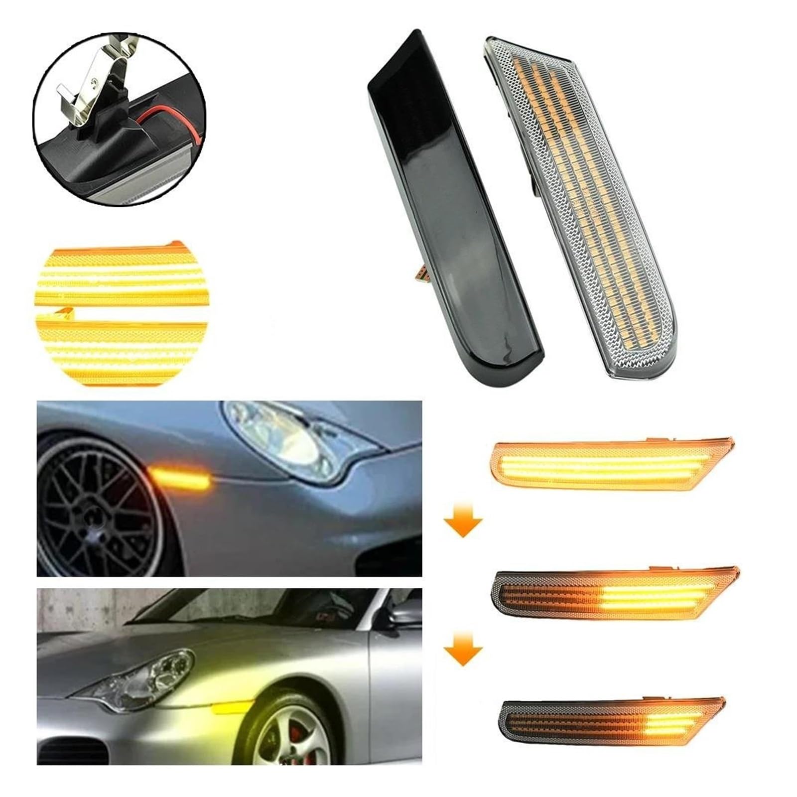 Generico Indicatori Di Direzione Freccia Laterale Per 996 (911) Per Carrera 4/S/4S 96-04 Dinamico Ambra LED Car Side Marker Sequenziale Indicatore Direzione Lampeggiante Luce(Crystal)