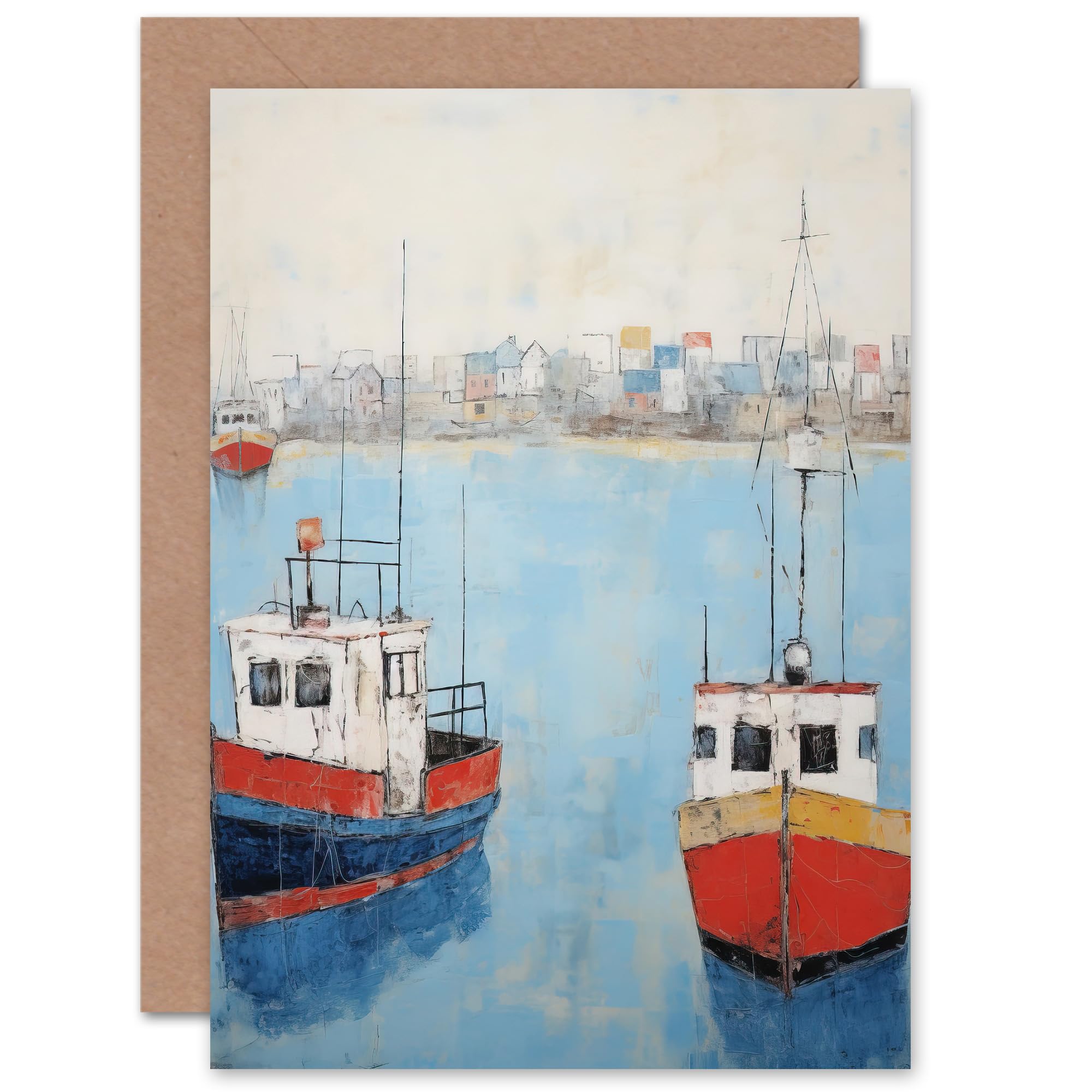 Artery8 Trailer Trawler Boats in Harbour for Him or Her Man Woman Birthday Thank You Get Well Soon Blank Art Greeting Card