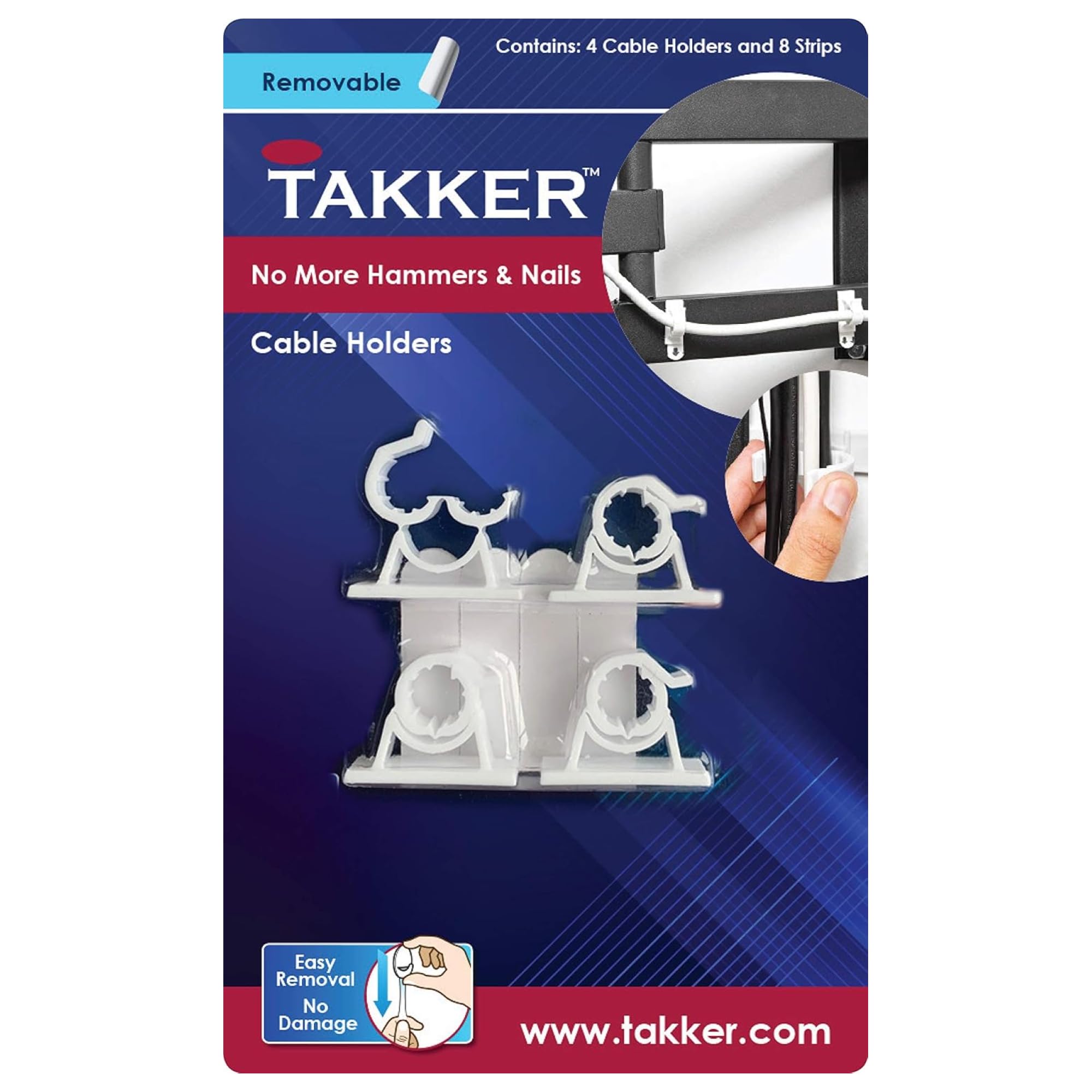 Takker - 4 x Cable Holder Tidy with 8 x Sticky Strips | Cable Hooks, Strong Adhesive, Easy Application, Damage-Free Removal, Re-Useable, No Sticky Residue, for Home, Bathroom, Kitchen, Walls