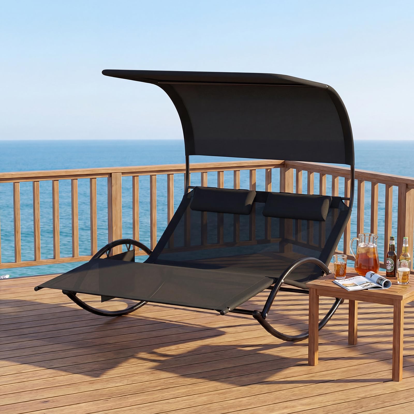 COSTWAY Chaise Longue Extérieur à Bascule, Transat à Bascule pour 2 Personnes, Lit de Repos 2 Places avec Auvent Pare-Soleil et 2 Oreillers Amovibles, Cadre en Métal Robuste, Charge 300 KG (Noir)
