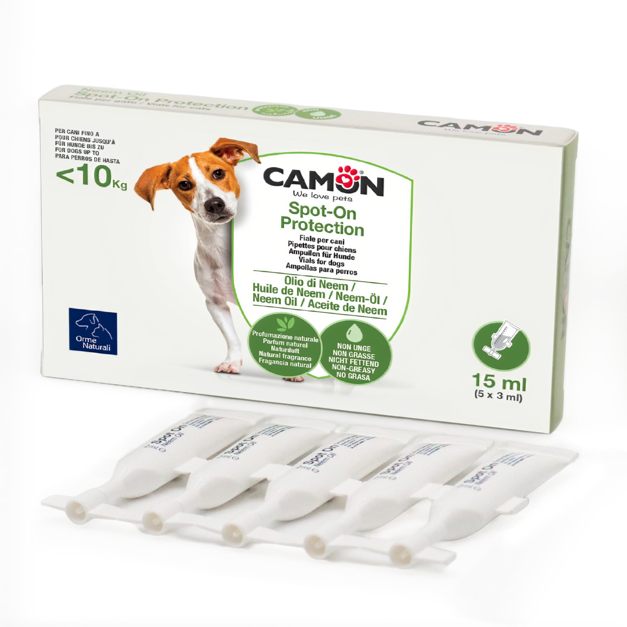 CAMON | Spot-On Protection Cane (0-10kg), 5 Fiale da 3ml con Olio di Neem, Naturale e Efficace