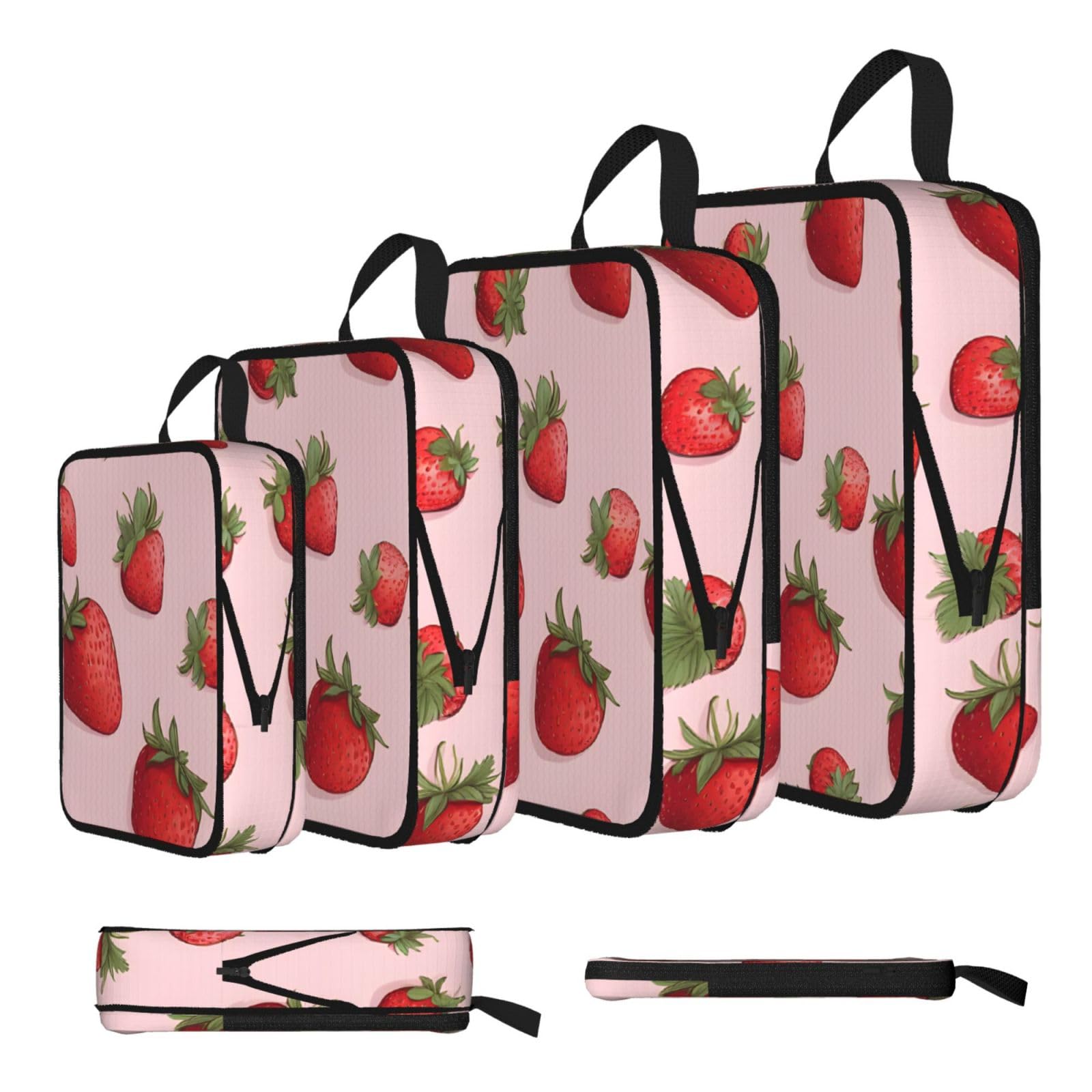 Ezdlowvba Black Strawberry Pattern Print Compression Packing Cubes 4-Piece Set With Multi- Compartment Travel Bag, Waterproof Suitcase Organiser Bags