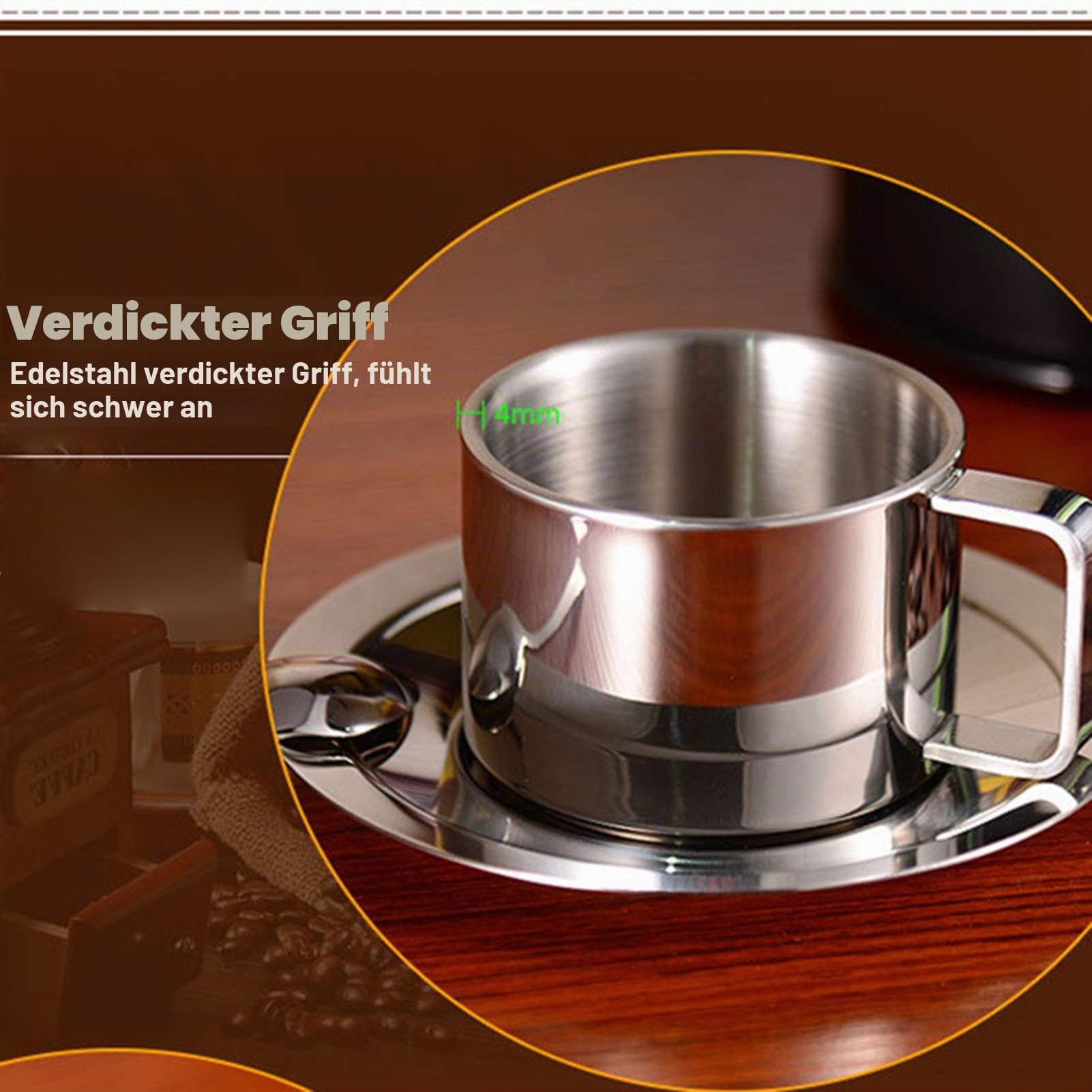 4 Stück Edelstahl Kaffeetassen Set 200ml Doppelwandig Kaffeetassen Metall Espresso Tasse Espressotassen Isolierbecher mit Löffel und Untertasse für Kaffee, Latte, Tee, Milch | Doppelwandige Metallbecher aus Metall, Espresso-Teetassen-Set mit Untertasse, G