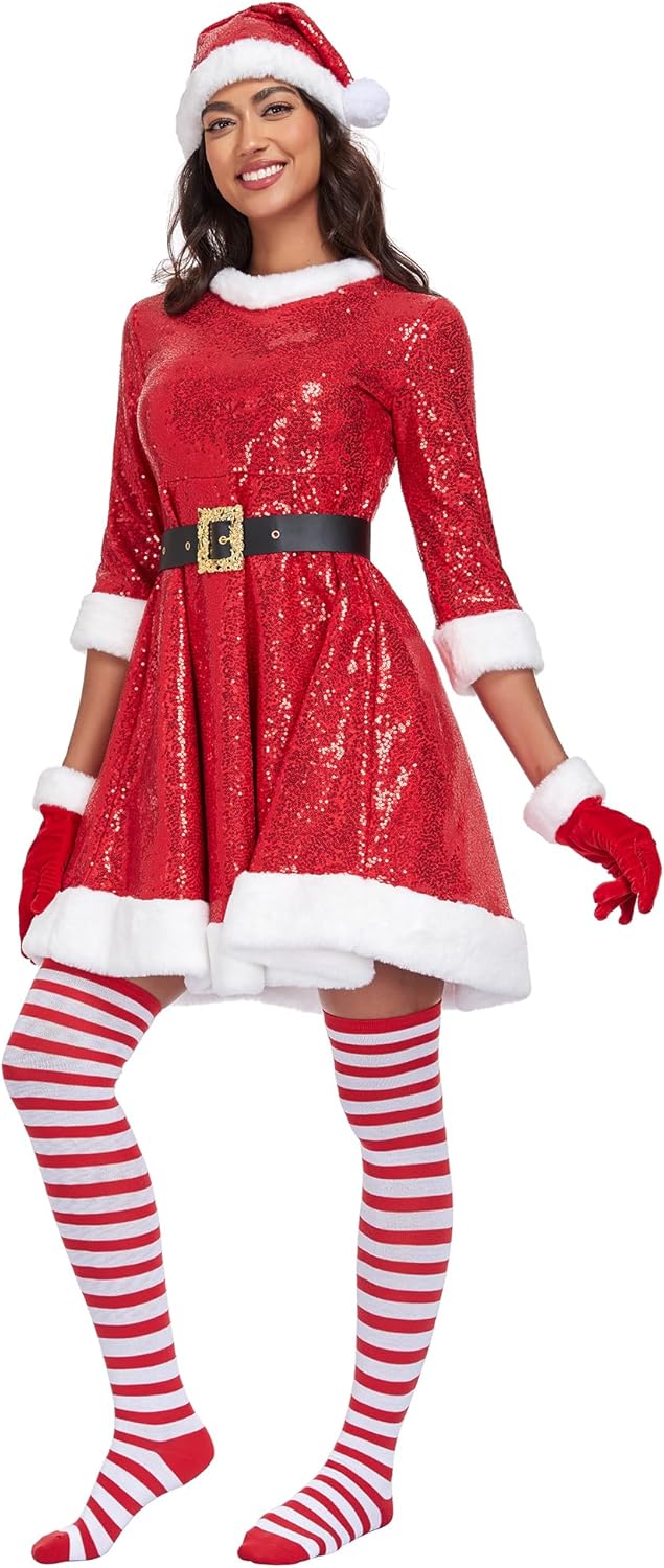 ABALAGU Mrs Claus Costume for Women 5PCS Adult Miss Santa Clause Sequin Dress Outfit Suit with Hat Belt High Socks Gloves - Image 2