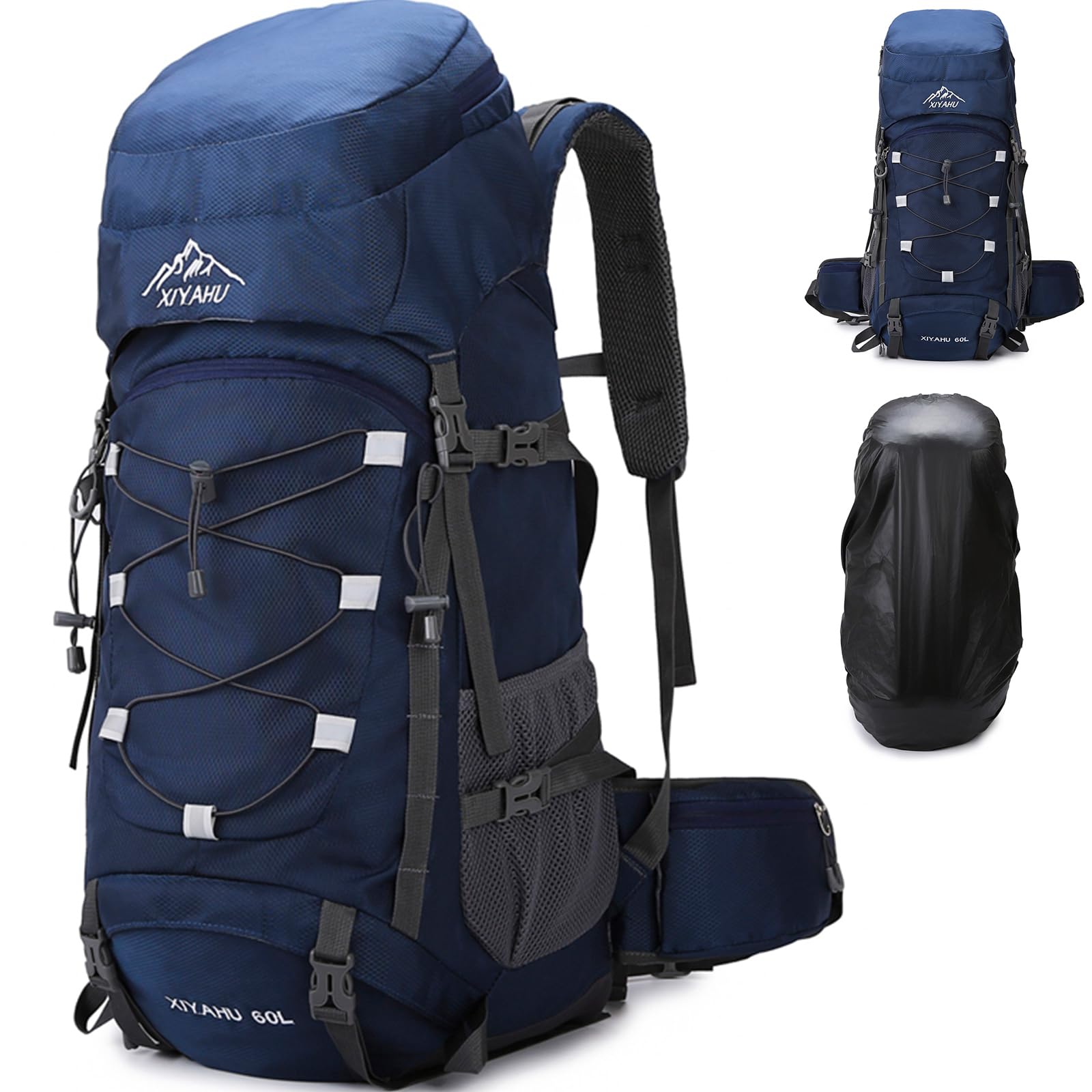 Lawaia Unisex Dark Blue 60L Hiking Backpack For Travelling Large Camping Rucksack For Men Women Outdoors Fitness Lightweight With Rain Cover Waterproof Walking Trekking Climbing Fishing Bag