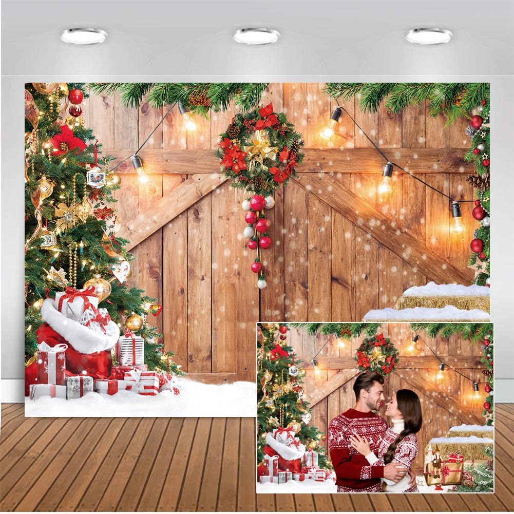 CHAIYA 10x8ft Christmas Backdrop Christmas Barn Door Photography Backdrop Xmas Tree Snow Wall Background Xmas Party Supplies Family Kids Party Banner Decorations Backdrops CY177