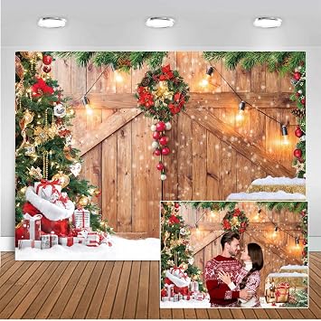 CHAIYA 7x5ft Christmas Backdrop Barn Wood Door Photography Backdrop Xmas Tree Snow Background Winter Xmas Party Supplies Christmas Family Kids Party Banner