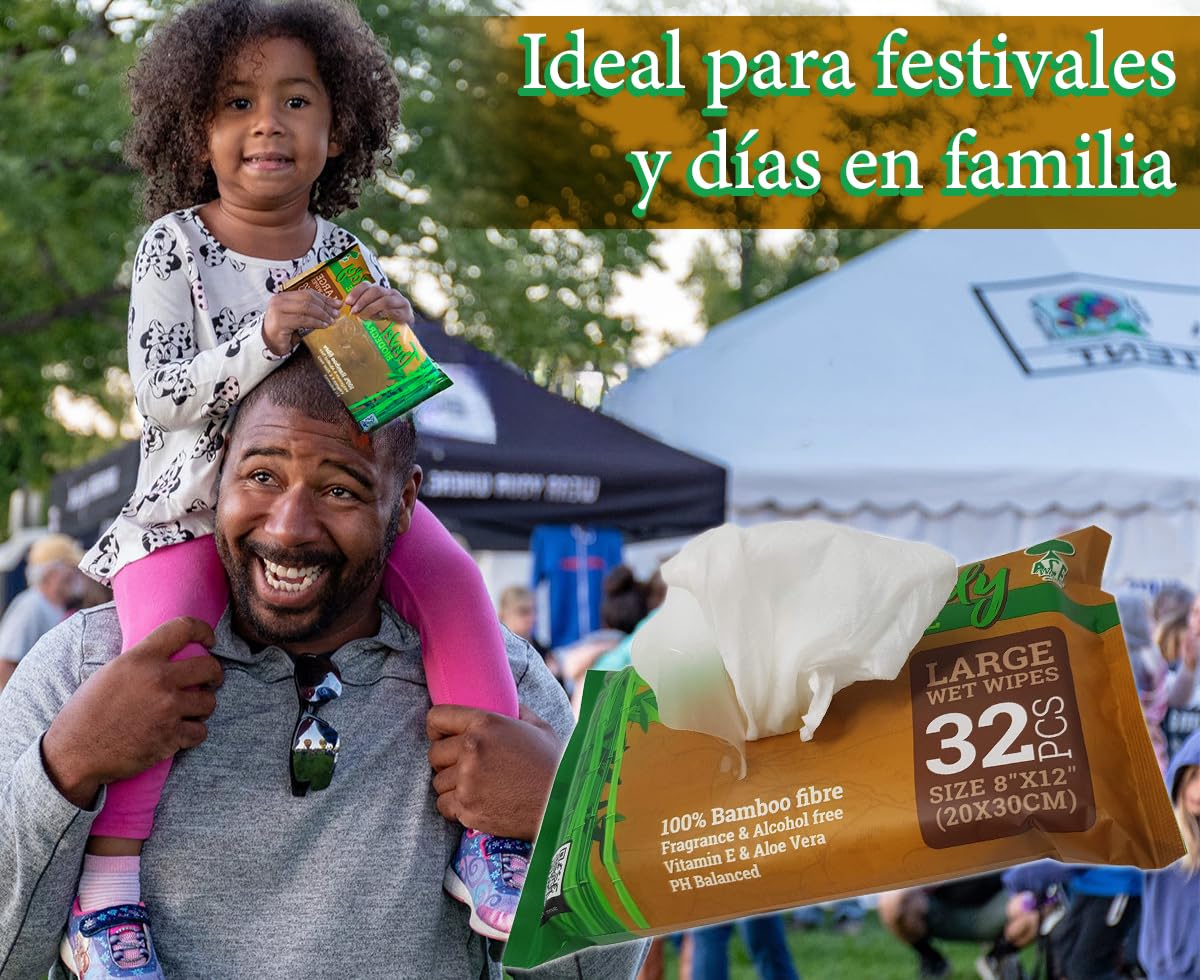 Ace Wipes Travel Buddy - Toallitas húmedas de bambú, Grandes y biodegradables, Acampar, Viajar, IR de Vacaciones, Llevar a Festivales 32 toallitas en un Paquete