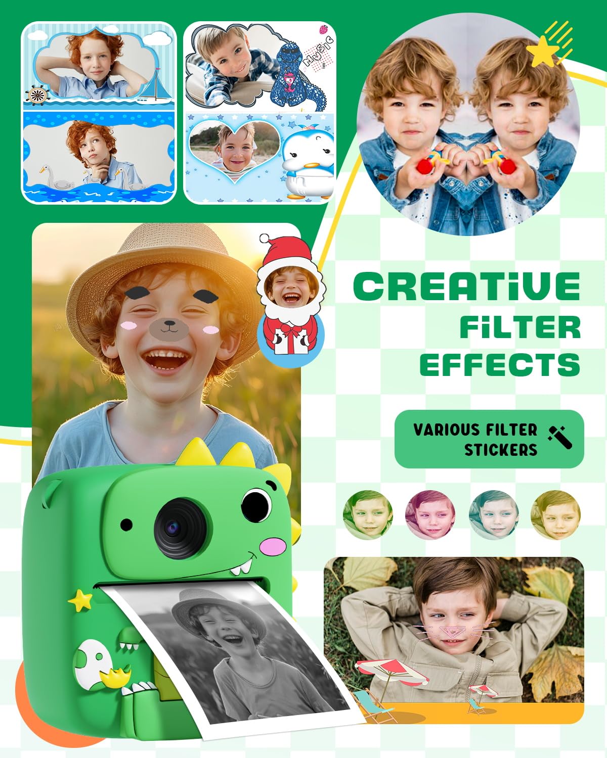 Cámara de impresión instantánea para niños y niñas, color verde