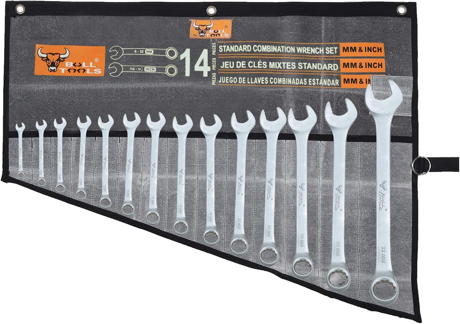 BULL TOOLS Tool Roll Organizer with 14 Pockets for Wrenches, Metric & SAE Durable Waxed Cotton Canvas, Roll-Up Tool Pouch for Mechanics, DIYers, & Electricians (Tools Not Included)