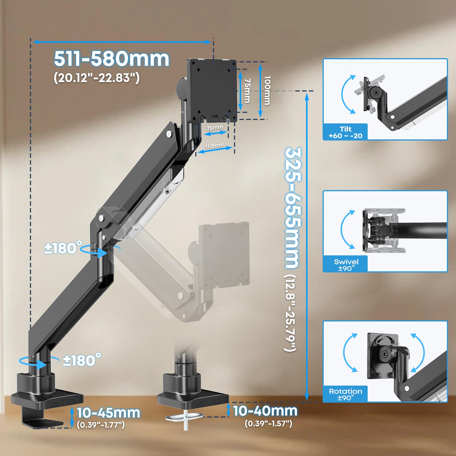 PUTORSEN® PC Monitor Arm – Aluminum Ergonomic Height-Assisted Full Motion Heavy Duty Single Arm Desktop Clamp Mount For 17 32 Screens Adjustable Tilt Swivel Vesa 75 To 100mm Weight Up 3 - View #7