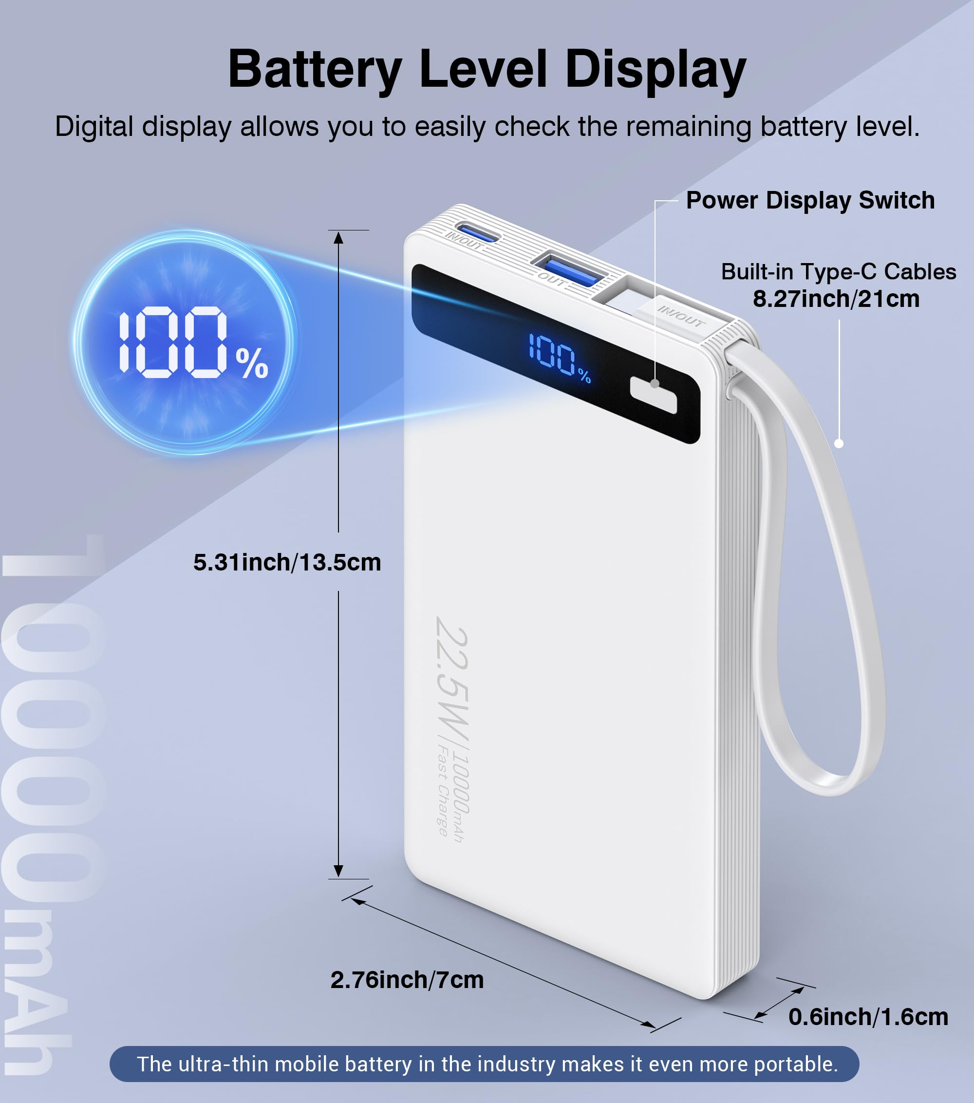 Power Bank con doppi cavi integrati, ricarica rapida da 10000 mAh, caricabatterie portatile PD da 22,5 W con display del livello della batteria e 4 porte, compatibile con iPhone 17/16/15/14