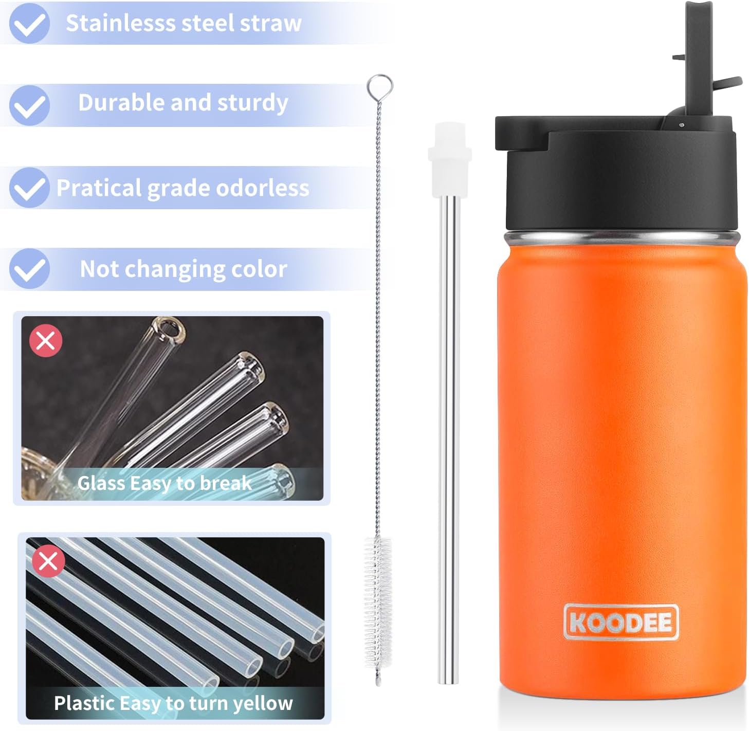 koodee 12 oz Water Bottle for kids Stainless Steel Vacuum Insulated Wide Mouth Water Bottle with 3 Lids-Reusable Metal Small Water Flask for Girls(Mango Yellow) - Image 6