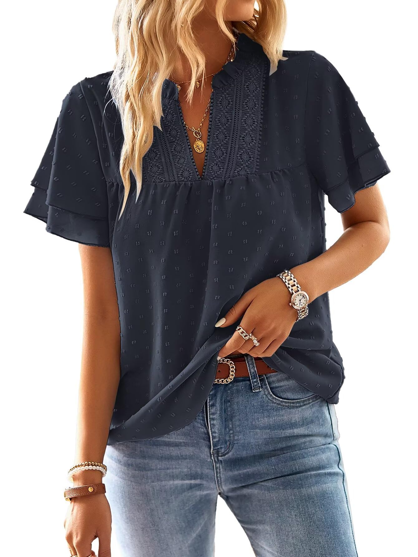 Falechay Womens Tops Butterfly Sleeve V Neck Blouses for Women Dressy Casual Flowy Swiss Dot Ruffle Short Sleeve Shirts