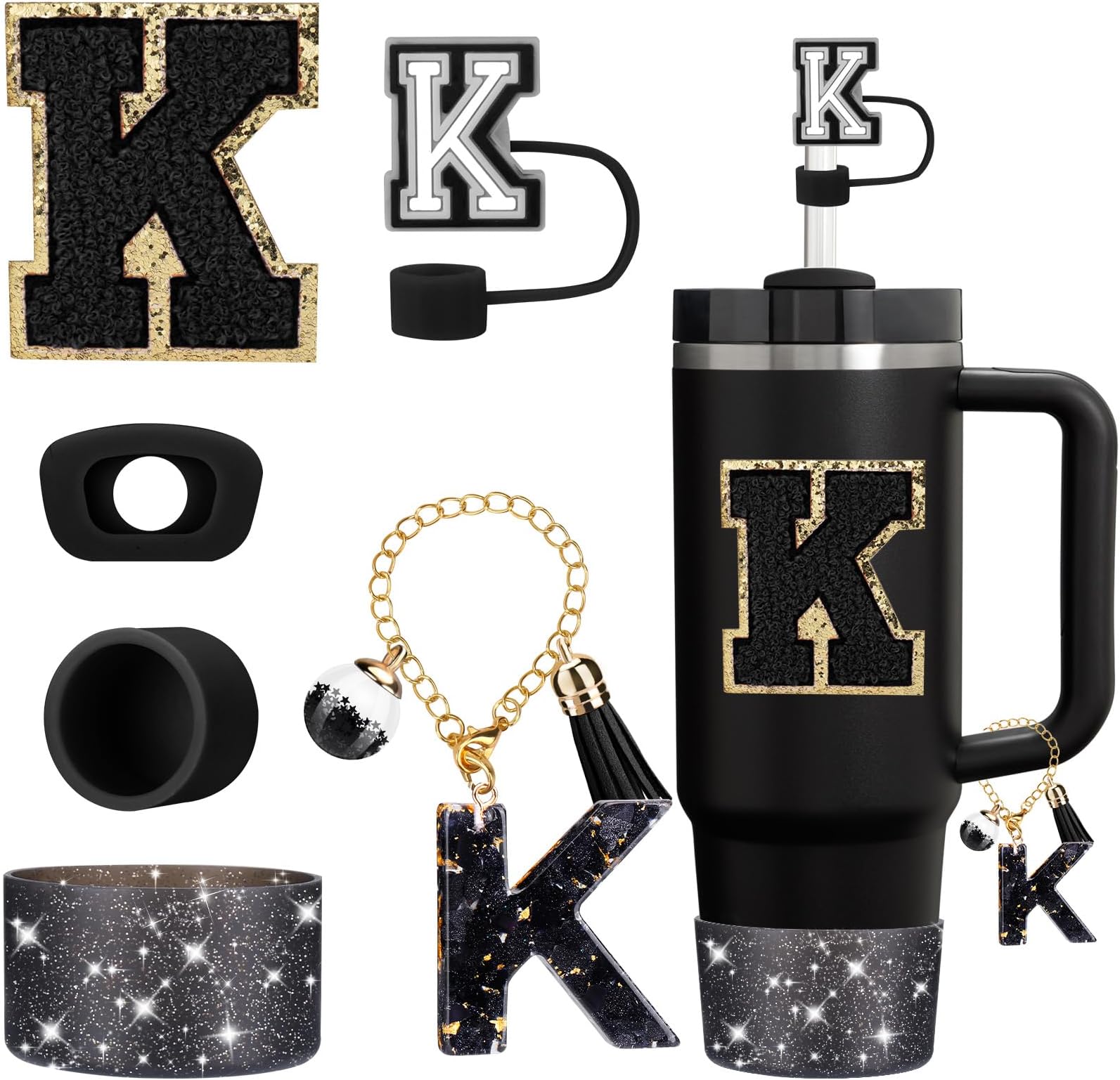 Mity rain 6PCS Cup Accessories Set for Stanley Cup 30oz 40oz tumbler with handle, Black Accessories Including Straw Topper, Boot, Spill Proof Stopper, Handle Charm, Initials Sticker(Letter K)