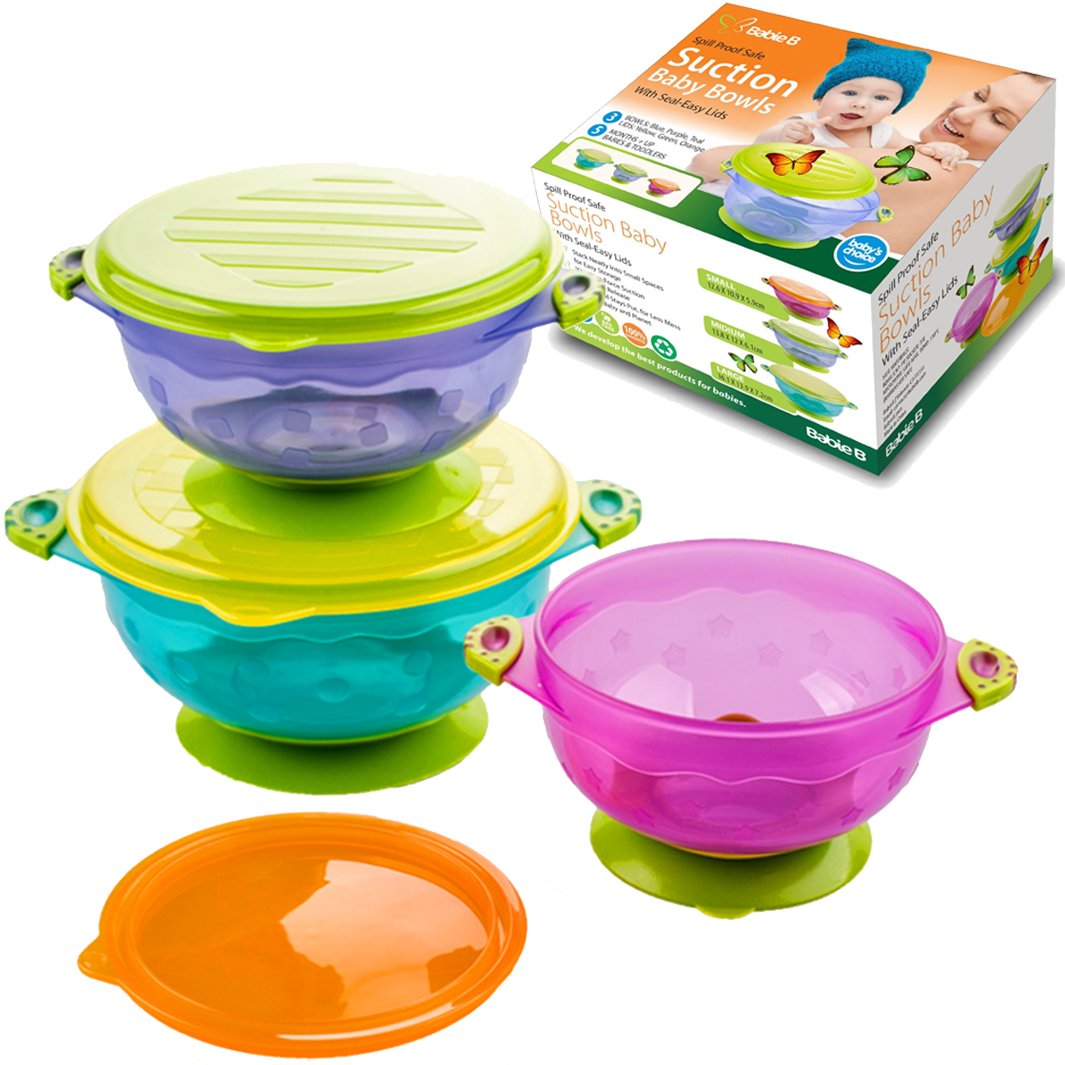 BabieB Best Suction Baby Bowls for Toddler and 6 Months Solid Feeding-3 Size Stay Put Spill Proof Stackable To Go Snacks & Storage-With 3 Seal-Easy Tight Lids-BPA Free-Perfect Set