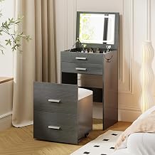 Airynee 3 in 1 Vanity, Compact Vanity with 3 Drawers, Makeup Desk with Flip-up 3 Colors Lighting Mirror and Cushioned Stool, Small Vanities Nightstand Perfect for Bedroom, Gray