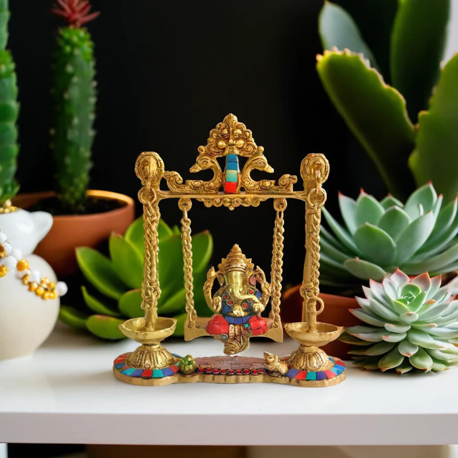 Kartique Brass Ganesh Bhagwan Jhula with Two Diyas Ganesha Idol Swing Ganpati Bappa Jhoola Murti for Home House Warming Mandir Office Decor Couple Gift Multicolored Stone Work - Image 6 thumbnail