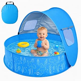 Kids Pool with Canopy, Foldable Pop Up Kiddie Pool with Shade, 35.4 Inch