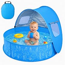 Baby Pool with Canopy, Foldable Kiddie Pool with Shade, Pop Up Water Play Pool with Carrying Bag for Toddlers, Portable for Backyard and Beach, 35.4 Inch