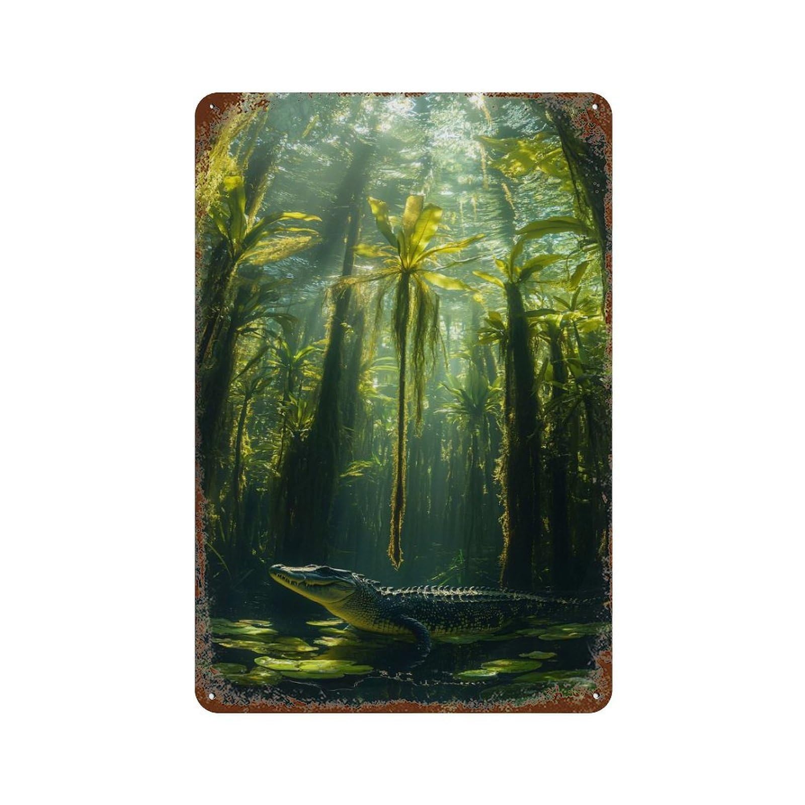 Alligator in A Swampy Environment 11.8"x7.9" Distressed Metal Wall Sign, Shabby Chic Decor for Shed, Workshop And Garage Wall Decor