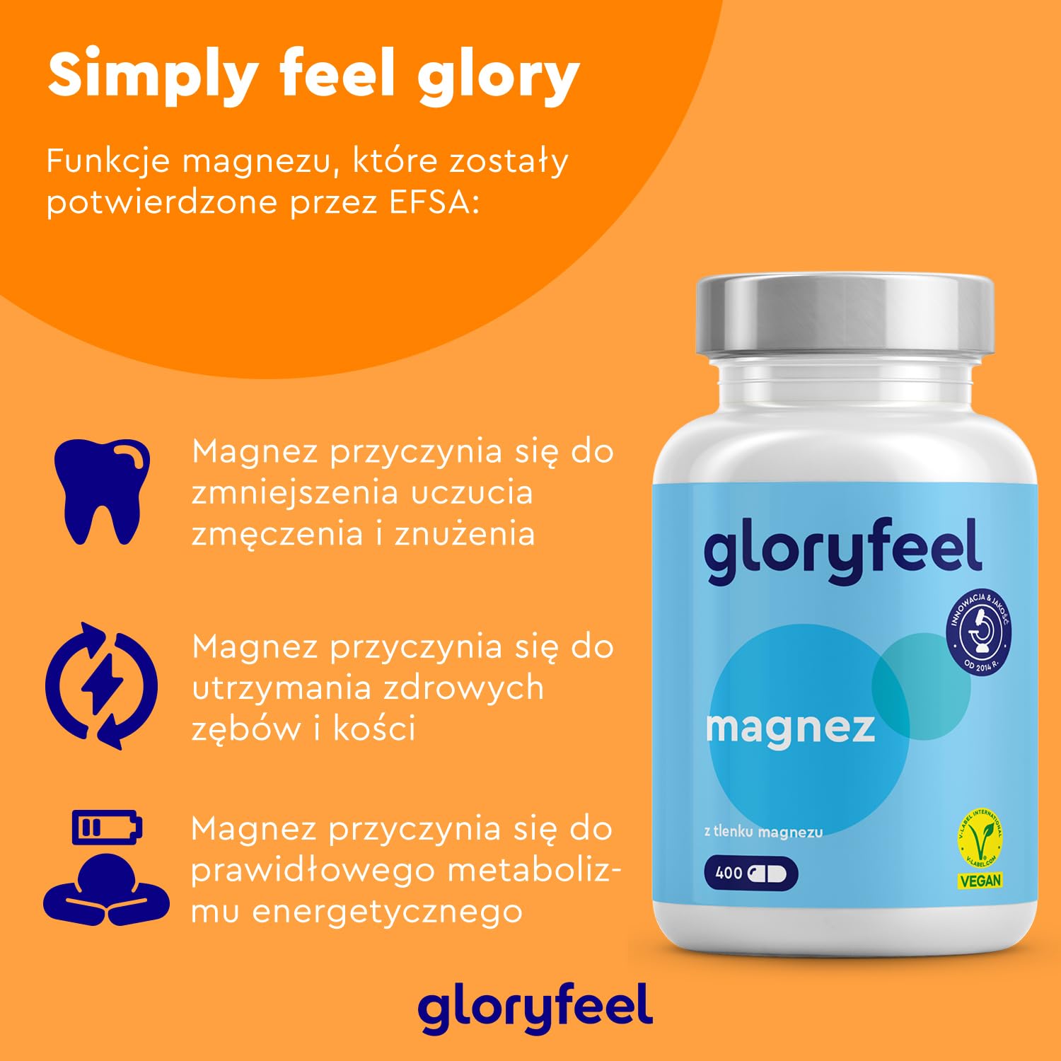 Magnez 400 kapsułek - 760 mg, w tym 400 mg magnezu pierwiastkowego na dzienną dawkę - Wspiera pracę mięśni i metabolizm energetyczny - Testowane laboratoryjnie - Wyprodukowano w DE bez dodatków