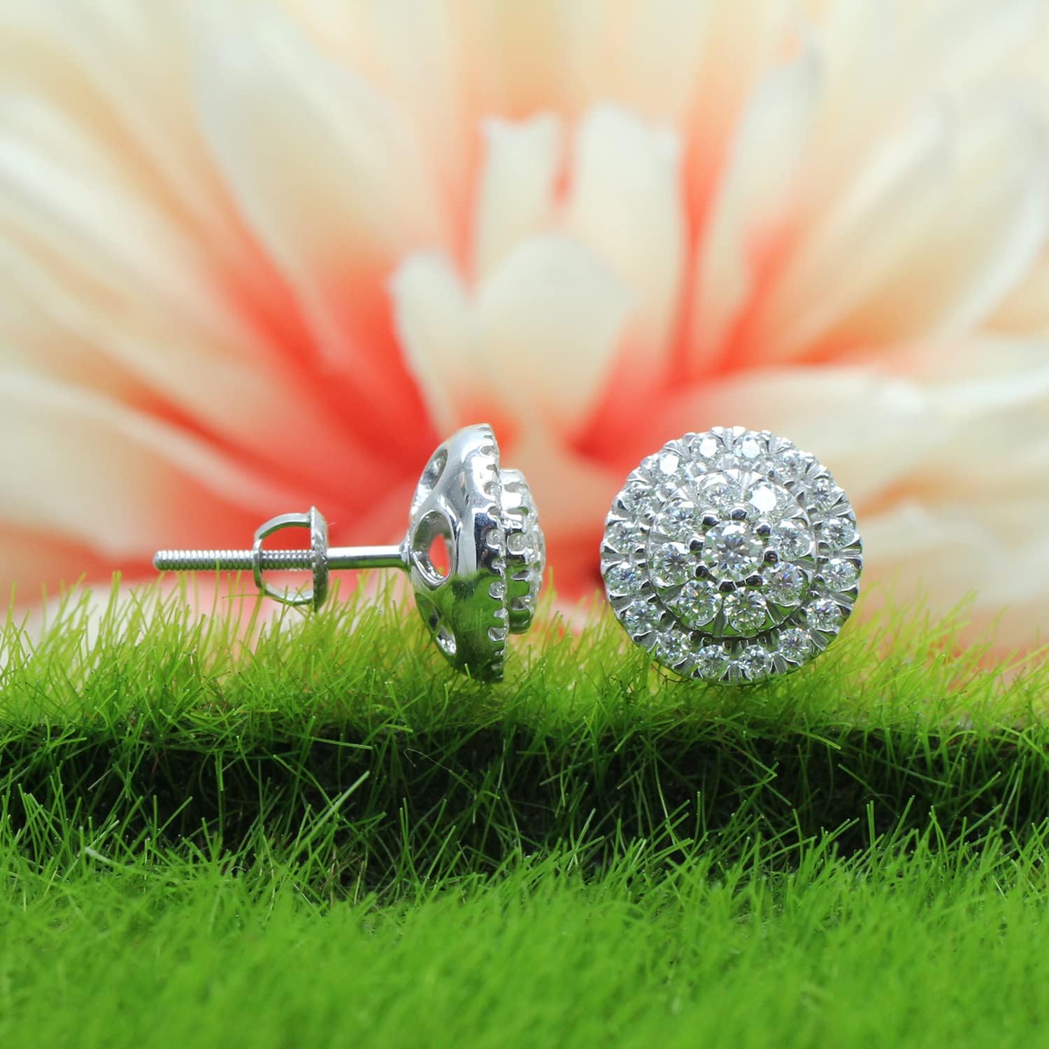 SAVEARTH DIAMONDS Halo Cluster Design, Round Cut Lab Created Moissanite Diamond Stud Earrings For Women In 14K Gold Over Sterling Silver (VVS1 Clarity, 0.90 Cttw) - Image 3