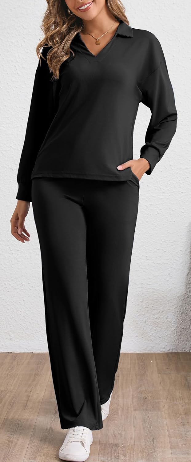 ZVO Women's Two Piece Outfit Drawstring Short Sleeves Pullover High Waisted Fashion Clothing Long Pants Tracksuit - Image 2