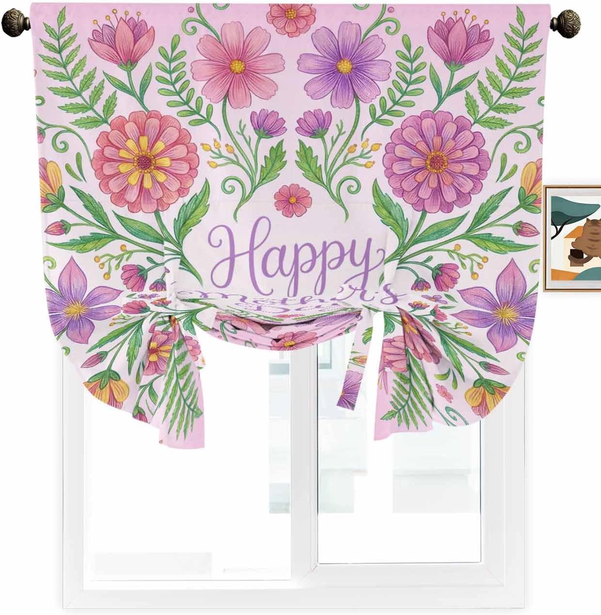 Tie Up Curtains for Windows, Happy Mother's Day Adjustable Balloon Nature Linen Textured Kitchen Curtain, Watercolor Flowers Floral Botanical Spring Thermal Insulated Curtains for Window, 42" x 54"