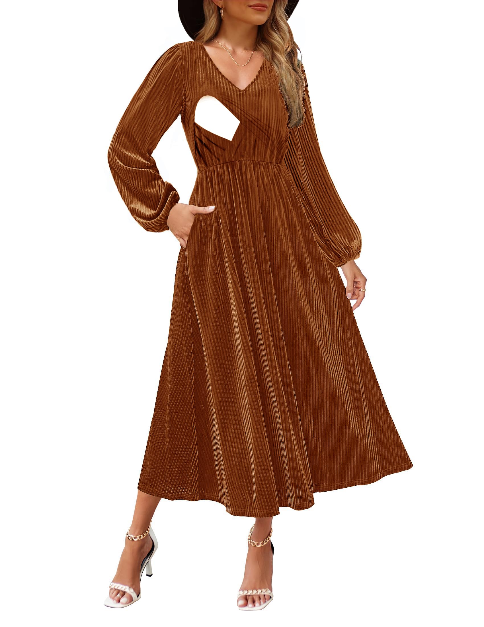 CzzzyL Women's Nursing Long Sleeve V Neck Velvet Maxi Dress Flowy Wedding Party Dresses with Pockets