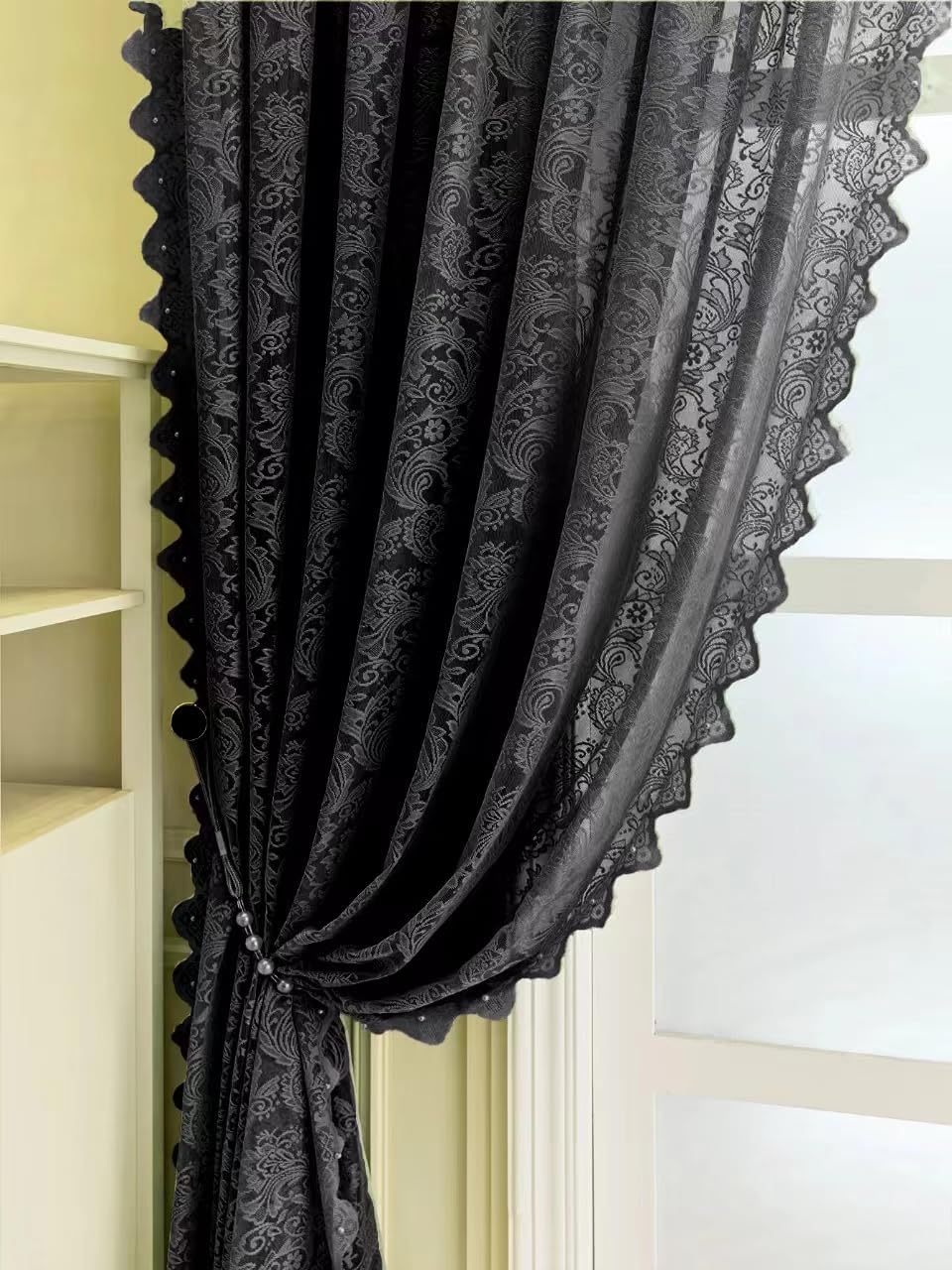 F-CHU Lace Curtains for Windows 54 inch Drop Vintage Net Curtain for Old House Shabby Chic Sheer Voile Curtains 2 Panels(140cm Width x183cm Drop) Black Curtain - Image 3