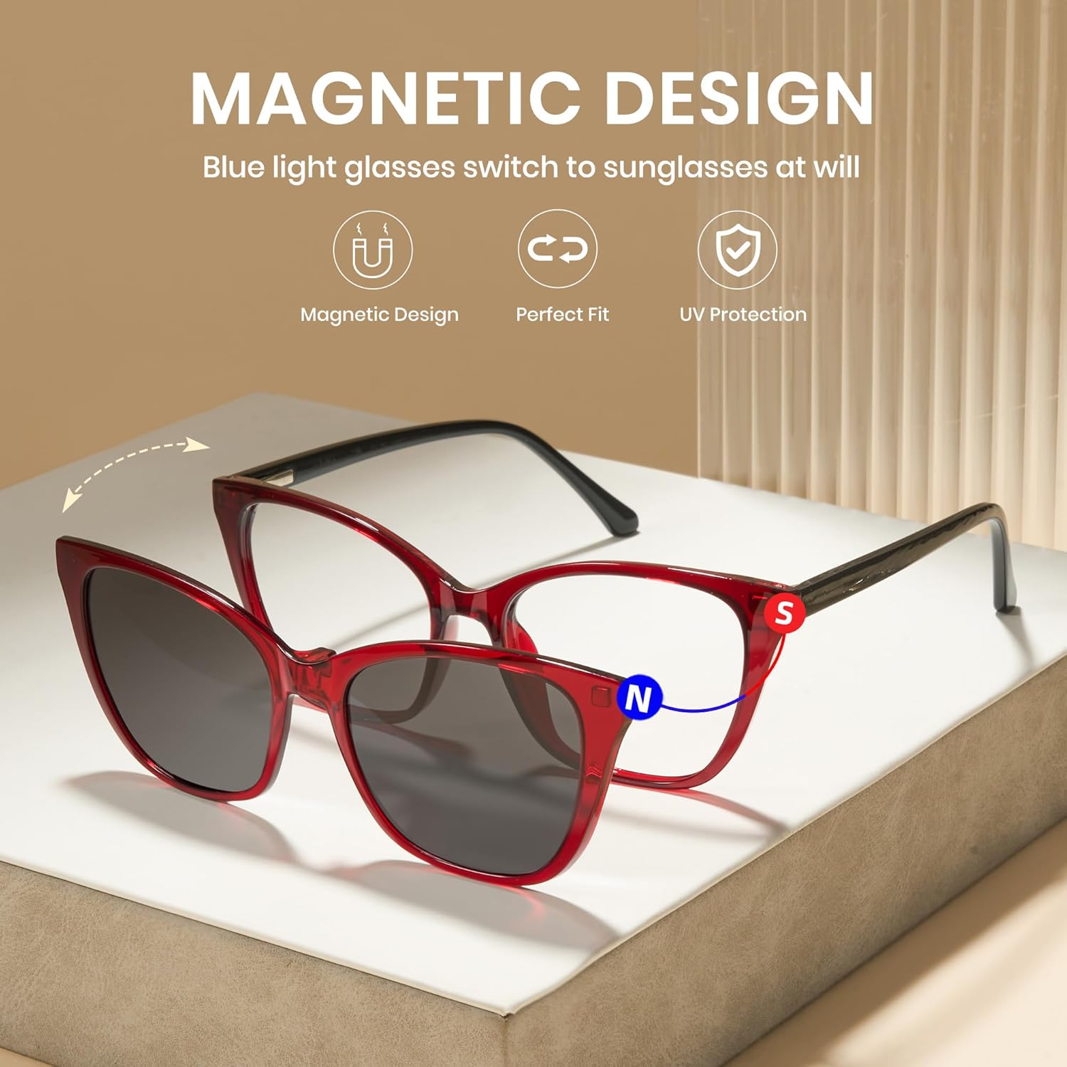 Cyxus Cat Eye Magnetic Clip-On Sunglasses Women Polarized Blue Light Blocking UV400 Protection P1221