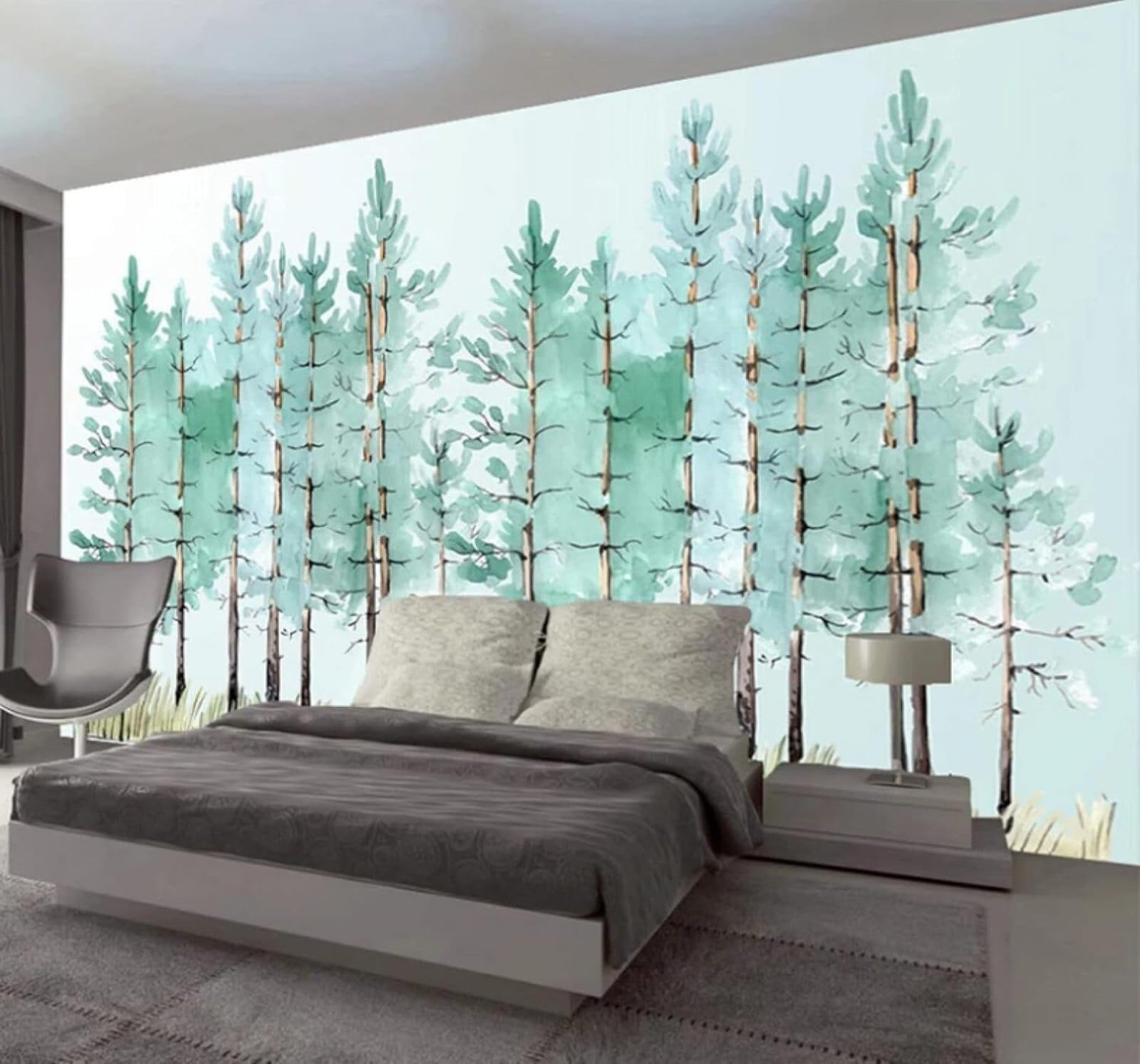 Wallpaper-3D-Xlm 430Cm×300Cm(B×H) Fresh Hand Drawn Watercolour Green Forest 3D Wallpaper Easy Install Feature Office Living Room Sofa Bedroom Tv Background Wall Decoration-430Cm×300Cm