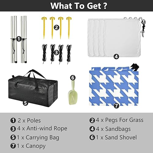 Miniatura 4 de Tienda de campaña de playa clásica con diseño de pata de gallo azul y blanca UPF50, impermeable, sombra con bolsa de transporte para camping,