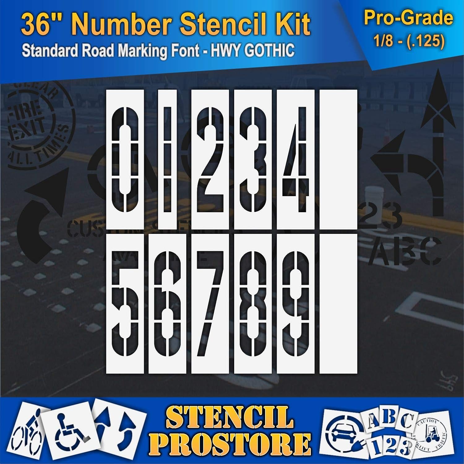 Pavement Stencils - 36 inch Number KIT Stencil Set - (12 Piece) - 36" x 9"x 1/8" (128 mil) - Pro-Grade